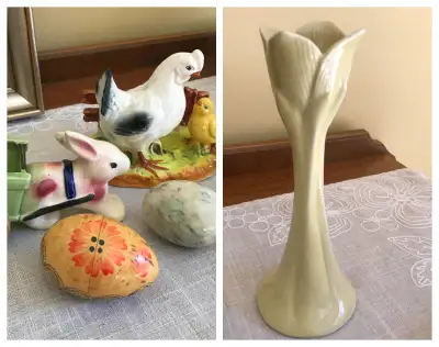 Vtg Hen & Chick Figurine, Rabbit Planter, Wood  Stone Eggs, Vase, View more