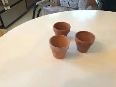 Clay pots in assorted sizes. 1. 3 pots -3 inches diameter,50 cents each. 2..Brand new 2 saucers,shin...