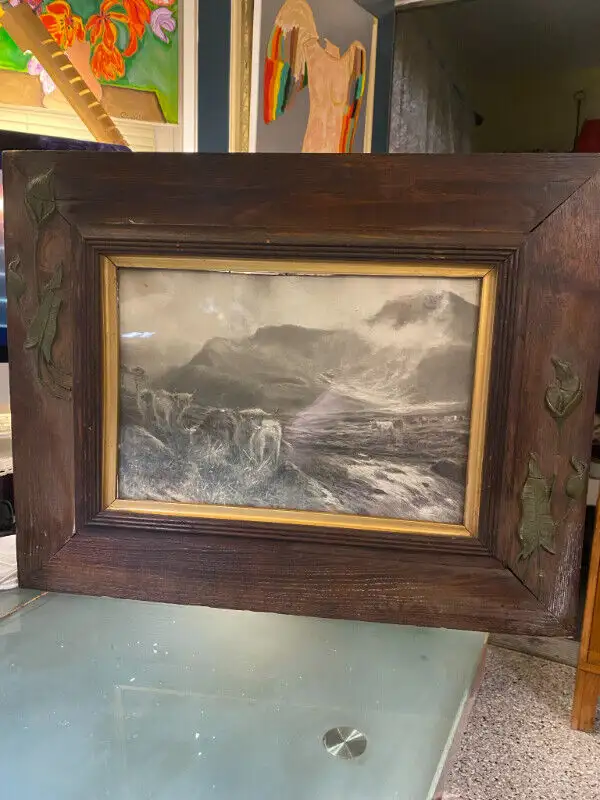 ANTIQUE WOOD  FRAME  COW BLACK AND WHITE COWS SCENE . in Arts & Collectibles in Vancouver - Image 5