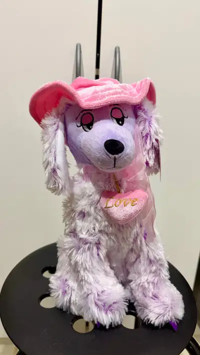 Plush Purple Poodle Dog with Pink Hat, View more
