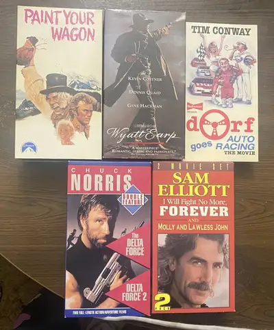 Selling a collection of VHS tapes, including titles like Paint Your Wagon, Wyatt Earp, Dorf Goes Aut...