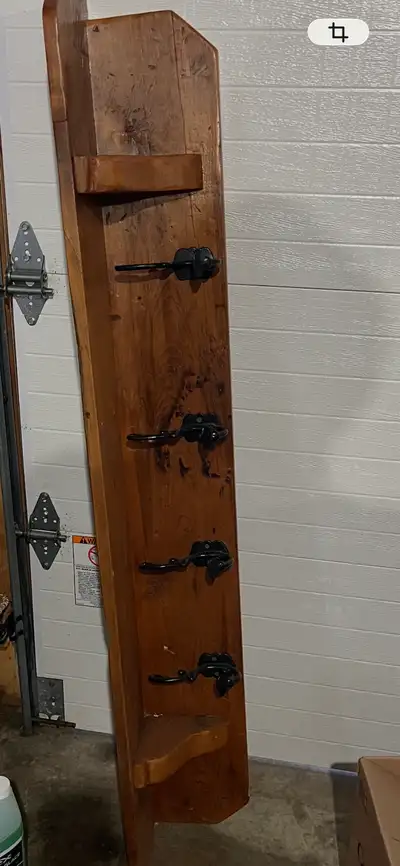 Rustic wooden shelf with hooks, View more