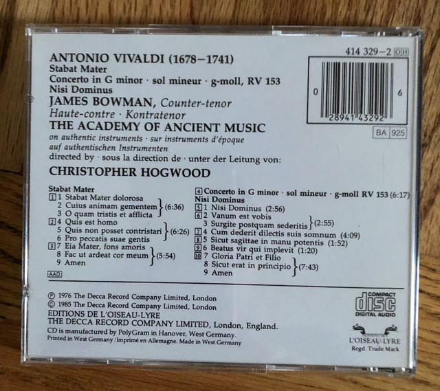 CD VIVALDI STABAT MATER NISI DOMINUS CONCERTO IN G MINOR dans CD, DVD et Blu-ray  à Longueuil/Rive Sud - Image 3