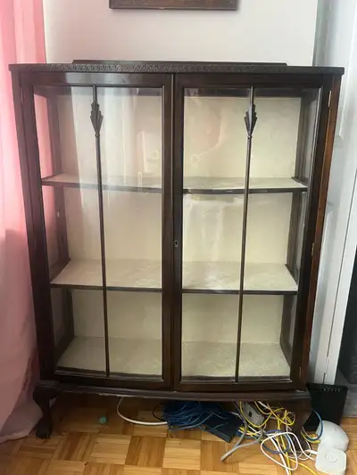 Antique Mahogany Glass-Front China Cabinet with Cabriole Legs, View more