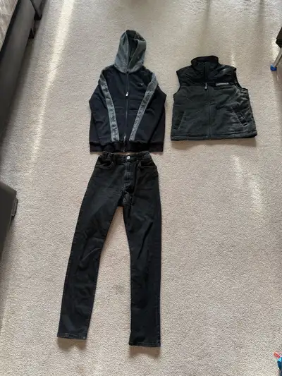 Selling stylish clothes (black jean, jacket, vest) 12-14T, View more