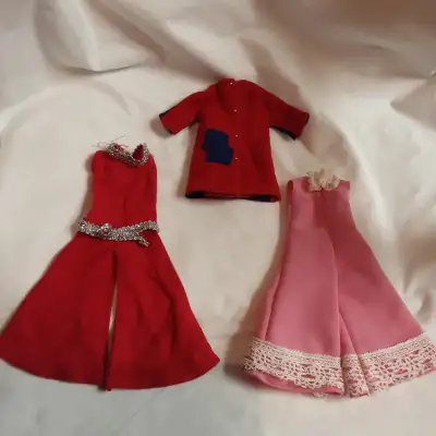 Mattel factory london fashion coat, 2 pairs of homemade bell bottoms for disco and country singing....