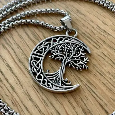 Tree of life & crescent moon stainless steel necklace, View more