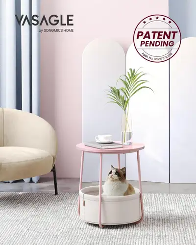 Small round side table, modern bedside table with fabric basket, Frosted rose and white cream ULET22...