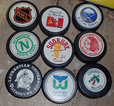 $80 Lot of 11 vintage hockey pucks Sudbury, junior, NHL, Canada, View more