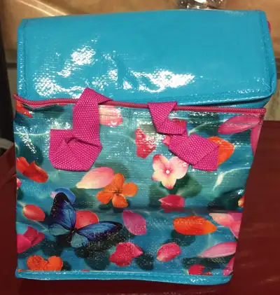 Cooler bag for sale. New. Aqua with pink flowers and blue butterflies. Silvery lining. About 9x9x8”....
