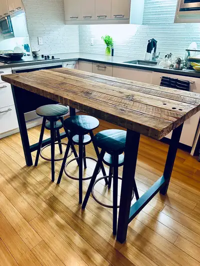VINTAGE RECLAIMED WOOD COUNTER HEIGHT KITCHEN ISLAND W STOOLS , View more