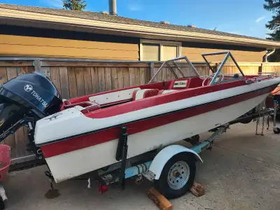 Vintage Glascon boat, trailer with NEW Tuhatsu 60 hp 4 stoke with efi and less than 30 hours of run...