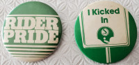 2 Saskatchewan Roughrider metal pin back buttons