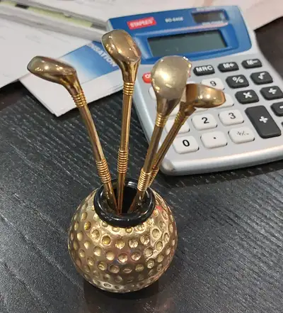 Vintage 5pc Brass Golf Clubs and Golf Ball Stand, View more