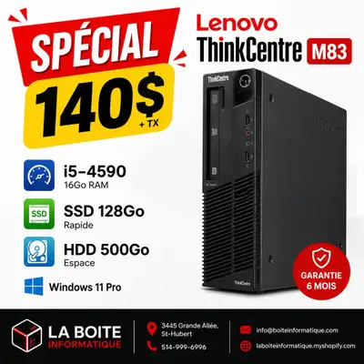 PC Lenovo M83 i5-4590 16Go SSD 128Go HDD 500Go DVD Win11 Pro, View more