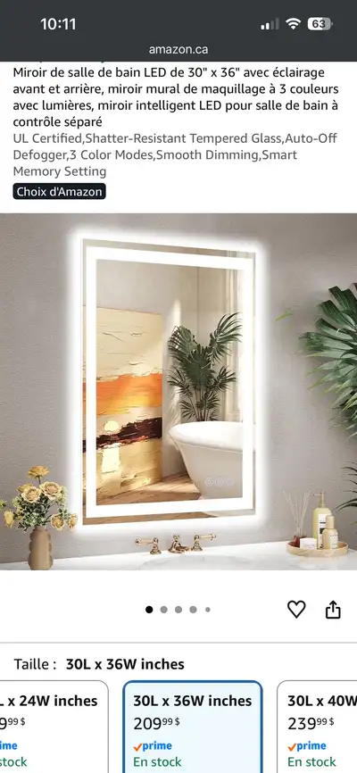Miroir de salle de bain DEL 30 × 36 po Antibuée, neuf , View more