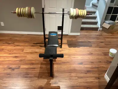 York weight bench and barbell with weights , View more
