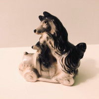 Vintage Husky Dog and Puppy on Small Train 3 Inch Long Figurine