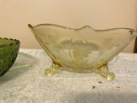 Etched Lanchester yellow 3 Footed Depression glass ridge bowl