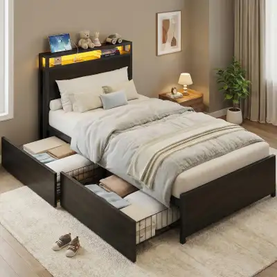 LIKIMIO Twin Bed Frame, with 2-Tier Shelves & Charging Station, View more
