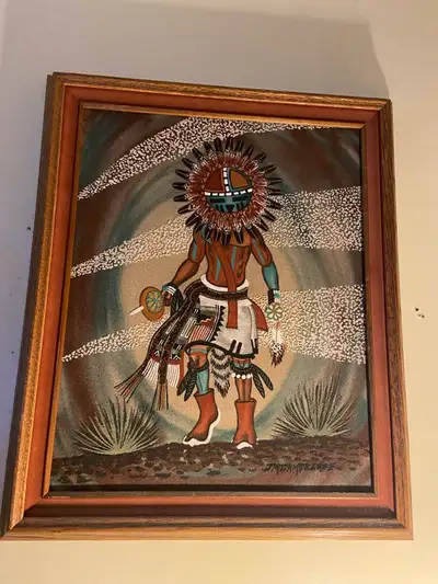 Navajo Sand Painting Featuring a Kachina Dancer Singed by Artist,Great Condition and size is 16/20.