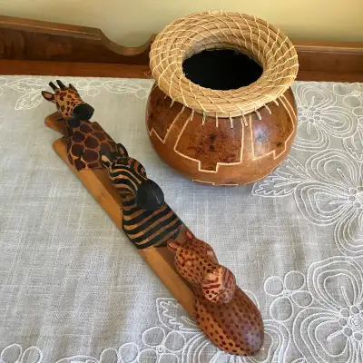 Carved African Art  Wall Hanging & Gourd Bowl $25 each , View more