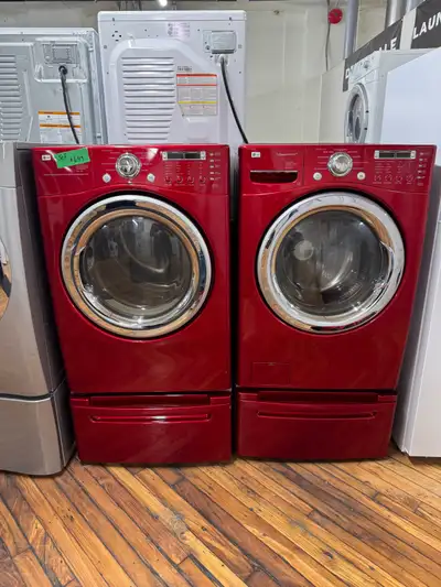  LG red washer dryer on pedestal, View more