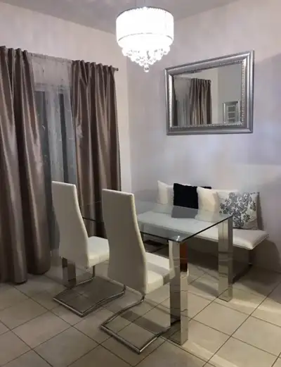 Glass Top Dining Table with two chairs and bench, View more
