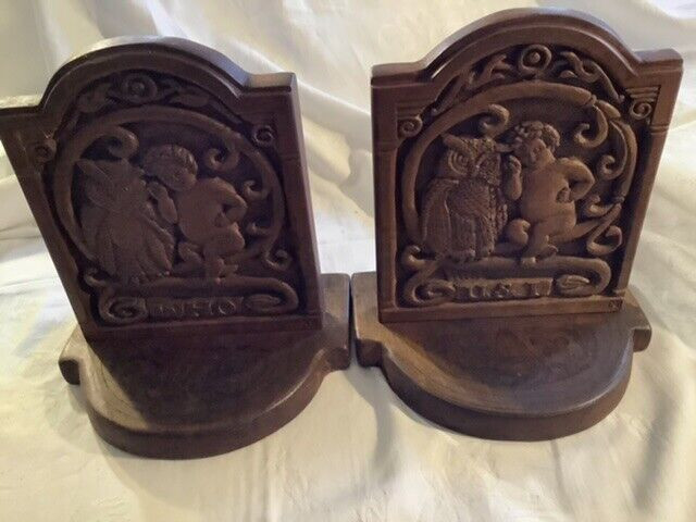 Unique Ornate Vtg Handcrafted Owl & Cherub Wood Bookends in Arts & Collectibles in Belleville