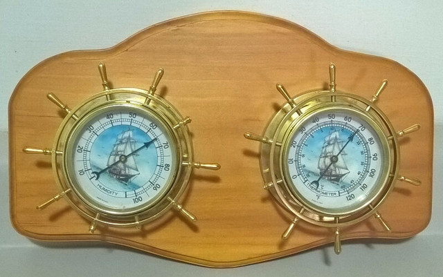 Vintage Wood, Ship Wheel Humidity & Thermometer, Clipper Ship, in Arts & Collectibles in Oshawa / Durham Region