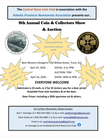 2026 CENTRAL NOVA COIN CLUB COIN, AUCTION AND COLLECTIBLES SHOW, View more