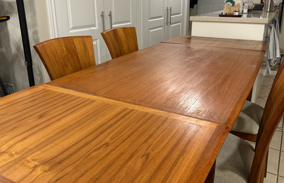 Mid century Danish teak dining table and 4 solid teak chairs, View more
