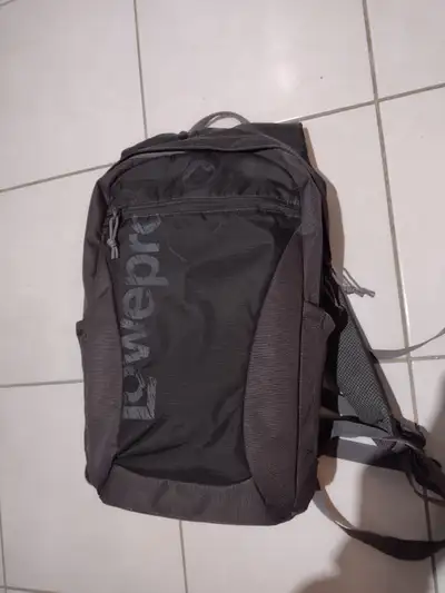 Lowepro camera bag Bottom half has camera dividers, top half is open like a regular backpack.