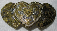 Vntg Signed Crumrine Silver-Plated 3 Hearts Western Belt Buckle