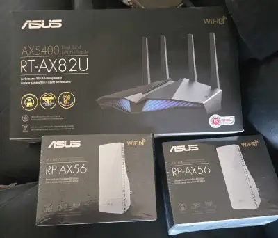 I'm selling an ASUS WIFI6 AI Mesh Router System, which includes the used RT-AX82U router and two bra...