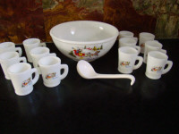 Tom and Jerry milk glass punch bowl with 12 cups