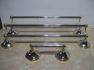 Chrome and gold colored 3 piece bathroom set, View more