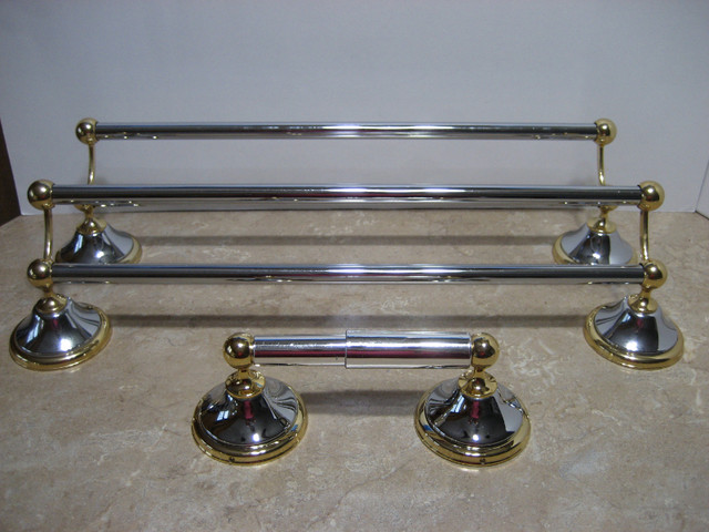 Chrome and gold colored 3 piece bathroom set in Bathwares in Moncton