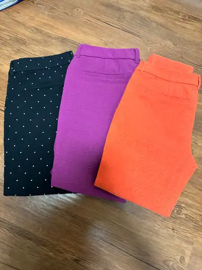 Old Navy Pixie pants. Purple and orange are size 8 Reg. Black is size 10 reg. Worn a couple of times...