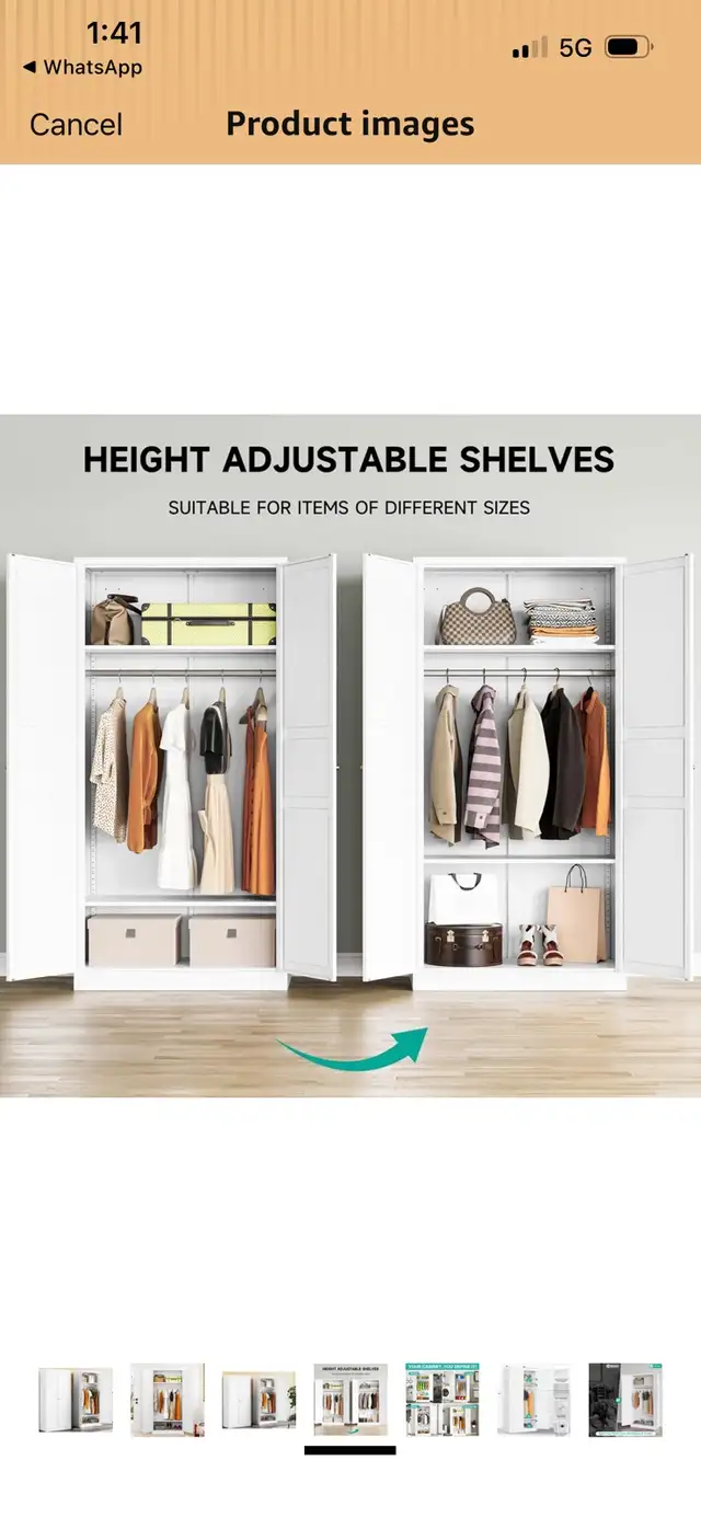Metal Wardrobe Cabinet with Hanging Rod,White Armoire Wardrobe  in Dressers & Wardrobes in Mississauga / Peel Region - Image 6