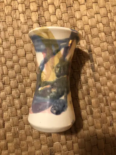 Small Ceramic Hand Painted Pink, Blue & Cream Vase Signed 2016 2 3/4”diameter x 4 3/4”h. Made in Ont...