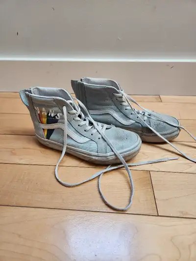 Selling a pair of vans Sk8-Hi zip rainbow winter sky/true white sneakers - size 2 (kids/youth) in gr...