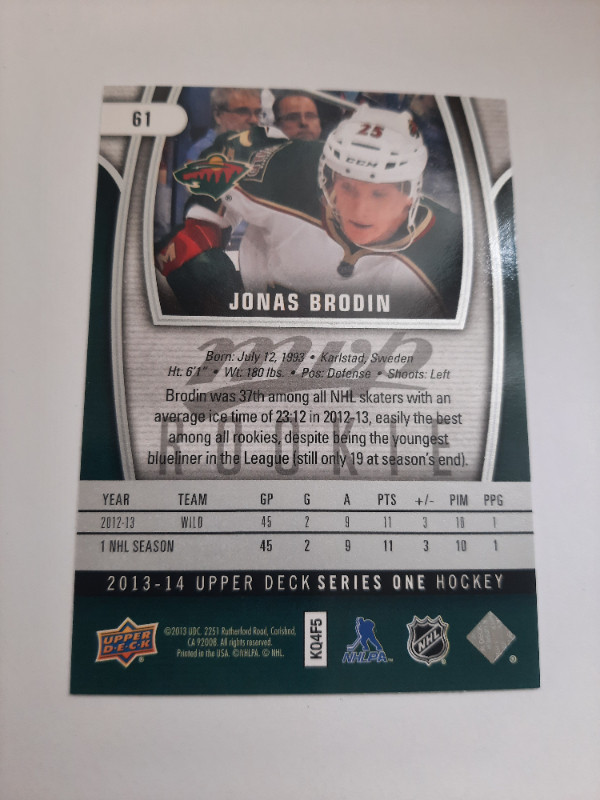 Jonas Brodin 2013-14 Upper Deck Rookie - MVP #61 in Arts & Collectibles in Oakville / Halton Region - Image 2