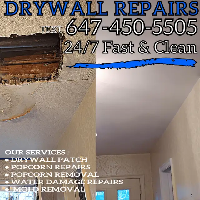 SAME DAY- Drywall Repair, Popcorn fix, Mold Repair, Water Damage in Drywall & Stucco Removal in Oshawa / Durham Region - Image 2