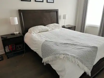 Wood storage bed (queen) and 2 nightstands, View more