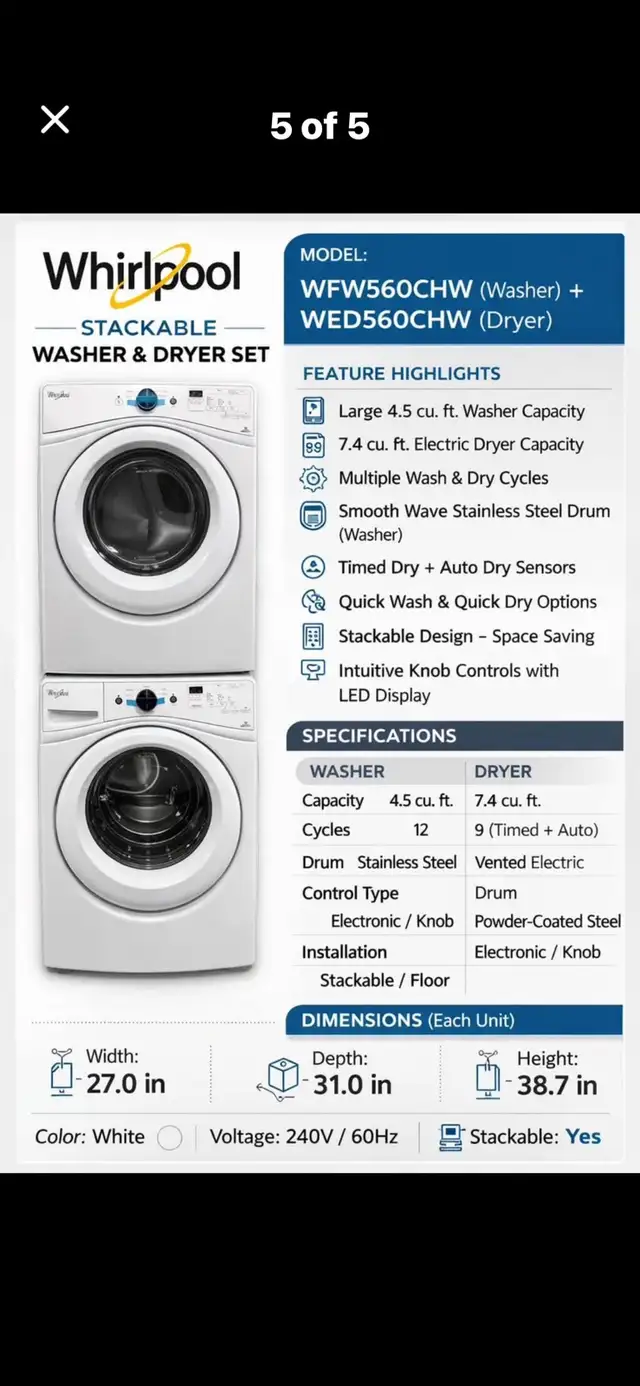 Set washer and dryer 27” Whirlpool  in Washers & Dryers in City of Toronto - Image 6