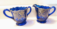 Vintage Cobalt Blue Glass Creamer and Sugar Bowl