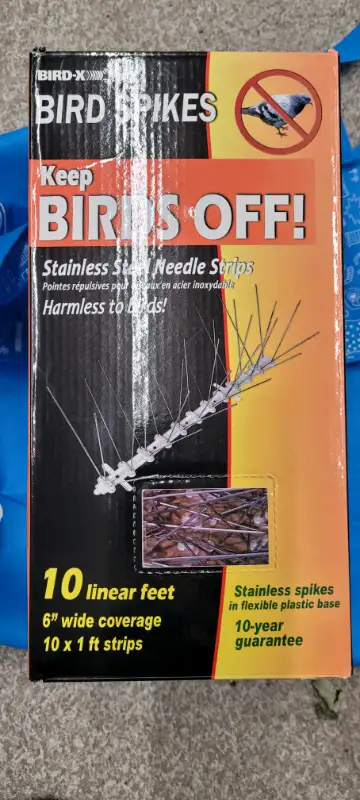 New in box, unused. Retais for $75. Bird-X's 10 feet of stainless steel spikes (more durable than pl...