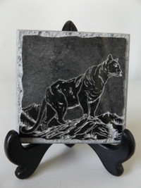 ORIGINAL SMALL COUGAR/ MOUNTAIN LION STONE ETCHING w/ EASEL