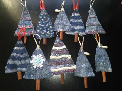 Christmas denim tree ornaments/ glitter stars and cones, View more